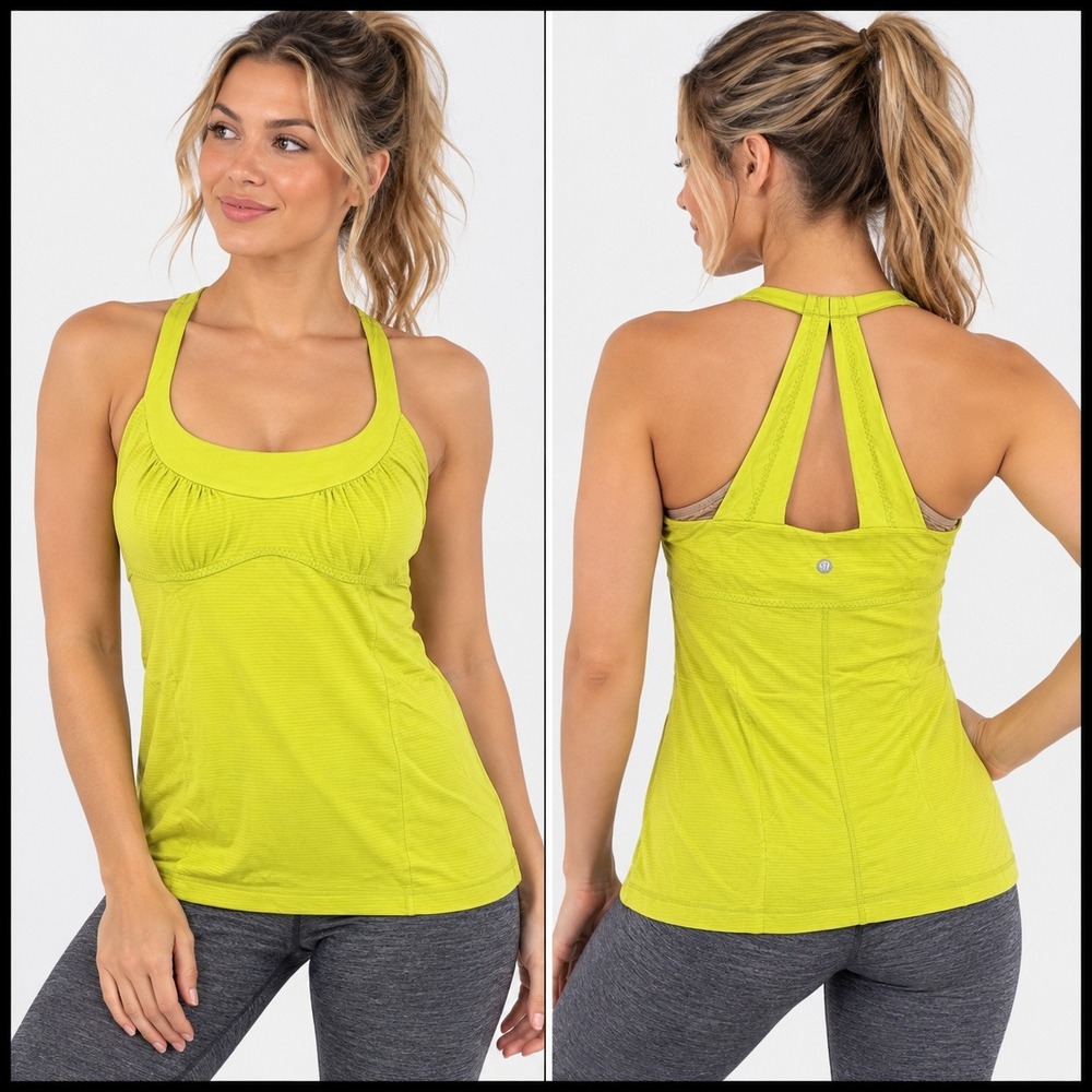 Lululemon Tank Top Scoop Neck Athletic Built-In Bra Yellow Striped Size 6